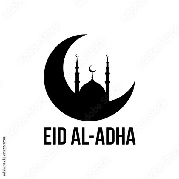 Obraz Eid al Adha Silhouette Logo with Crescent Moon Mosque and Elegant Typography

