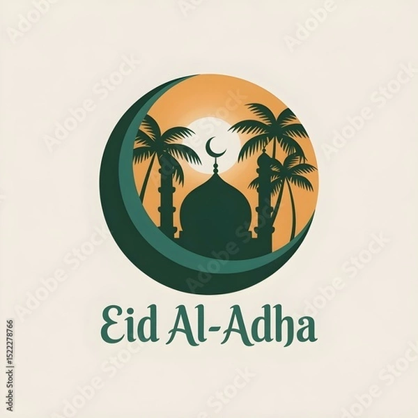 Obraz Eid al Adha Silhouette Logo with Crescent Moon Mosque and Elegant Typography

