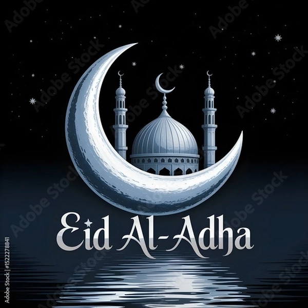 Obraz Eid al Adha Silhouette Logo with Crescent Moon Mosque and Elegant Typography

