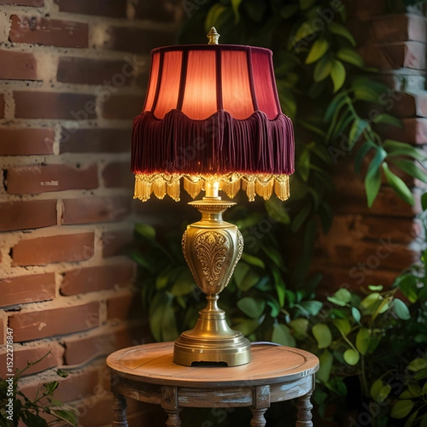 Obraz A vintage brass table lamp with a fabric shade, casting warm light.