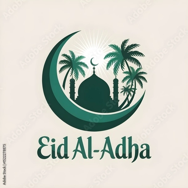 Obraz Eid al Adha Silhouette Logo with Crescent Moon Mosque and Elegant Typography

