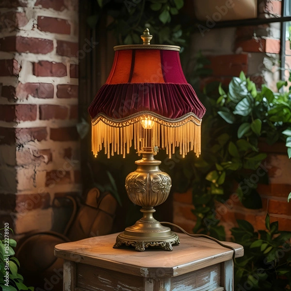 Obraz A vintage brass table lamp with a fabric shade, casting warm light.