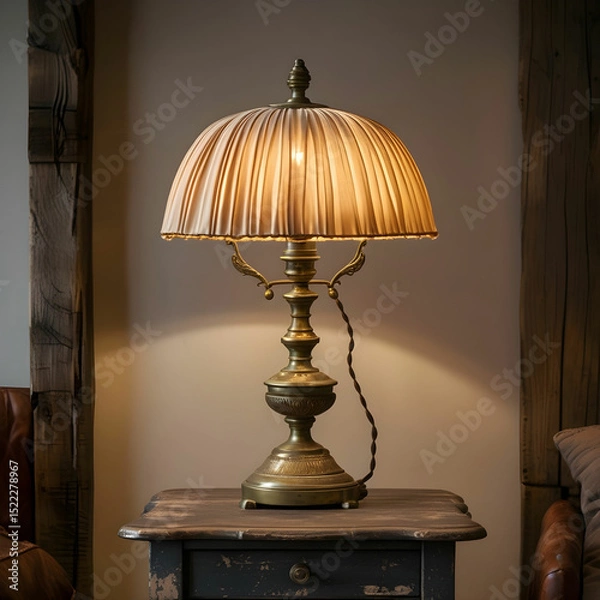 Obraz A vintage brass table lamp with a fabric shade, casting warm light.