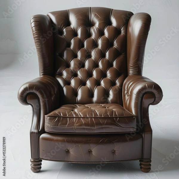 Obraz A vintage brown leather armchair with a button-tufted backrest and rolled arms.