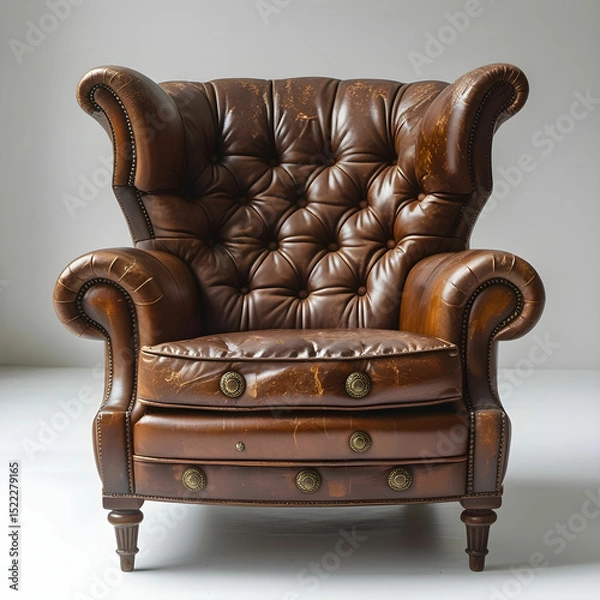Obraz A vintage brown leather armchair with a button-tufted backrest and rolled arms.