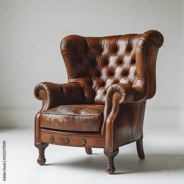 Obraz A vintage brown leather armchair with a button-tufted backrest and rolled arms.