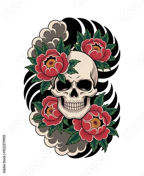 Fototapeta Traditional Japanese tattoo design featuring a detailed skull with red roses. Vintage Asian-style body art illustration. Isolated on transparent background for easy use