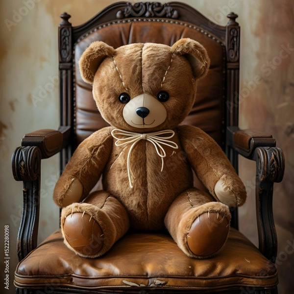 Obraz A vintage-style teddy bear with stitched eyes and a charming bowtie.