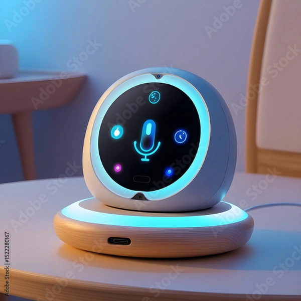 Obraz A voice-controlled AI toy assistant for children, placed on a bedside table.