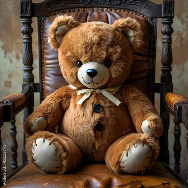 Obraz A vintage-style teddy bear with stitched eyes and a charming bowtie.