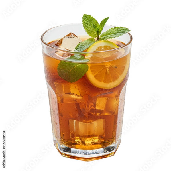 Fototapeta Isolated Transparent Background of Refreshing Iced Tea with Lemon and Mint