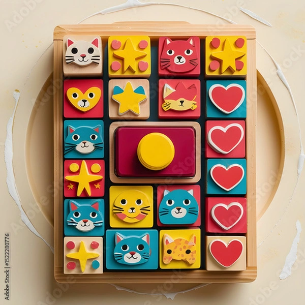 Obraz A wooden stamp and ink pad set for kids, featuring fun patterns like stars.