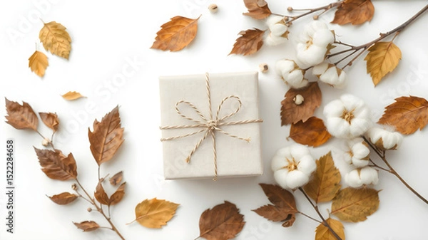 Obraz Autumn and winter gift composition with dry leaves and cotton flowers on white background. Flat lay top view with copy space.