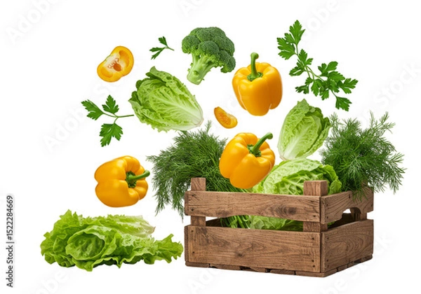 Fototapeta Isolated Vegetables in Wooden Crate with Lettuce Pepper Broccoli PNG