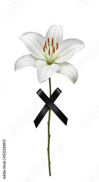 Fototapeta Isolated White Lily with Black Ribbon Symbolizing Mourning Transparent