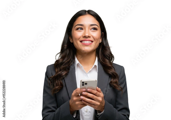 Fototapeta Portrait Of Young Brunette Woman With Smartphone Isolated On Transparent