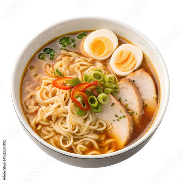 Fototapeta Top view bowl of ramen isolated on white background or transparent background. Cutout. PNG
