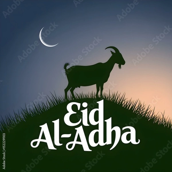 Obraz Eid al-Adha Silhouette Design of Goat on Hill with Modern Calligraphy Text

