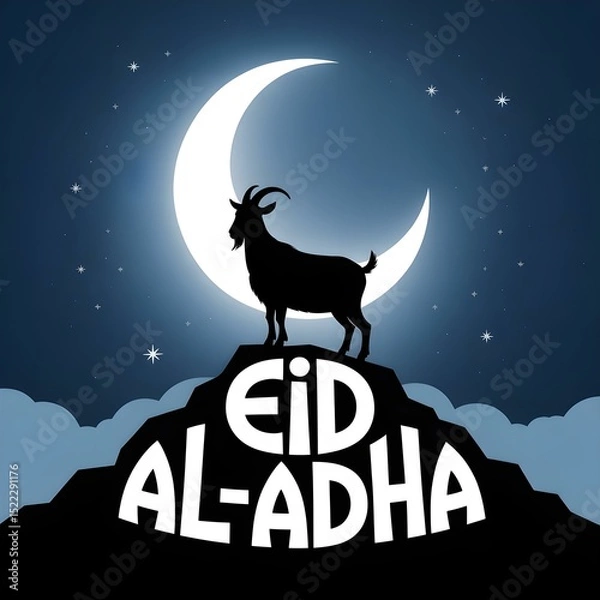 Obraz Eid al-Adha Silhouette Design of Goat on Hill with Modern Calligraphy Text

