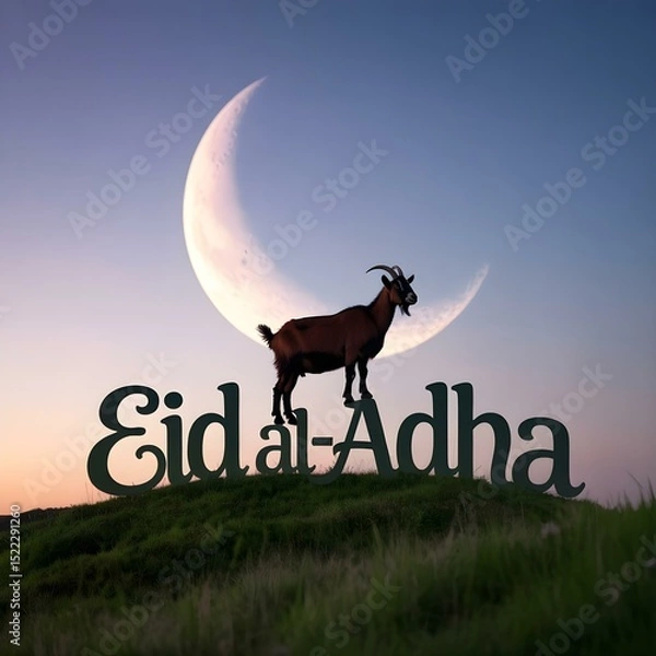 Obraz Eid al-Adha Silhouette Design of Goat on Hill with Modern Calligraphy Text

