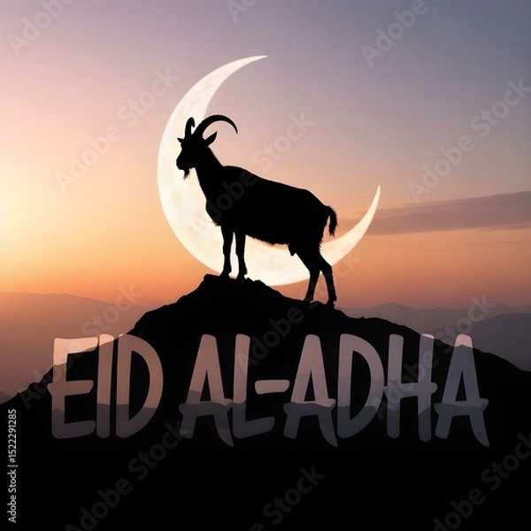 Obraz Eid al-Adha Silhouette Design of Goat on Hill with Modern Calligraphy Text

