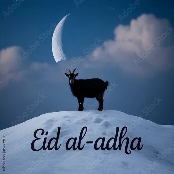 Obraz Eid al-Adha Silhouette Design of Goat on Hill with Modern Calligraphy Text

