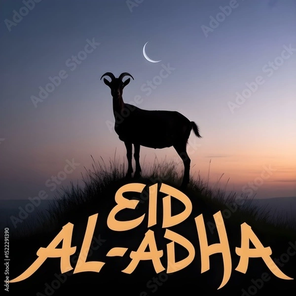 Obraz Eid al-Adha Silhouette Design of Goat on Hill with Modern Calligraphy Text

