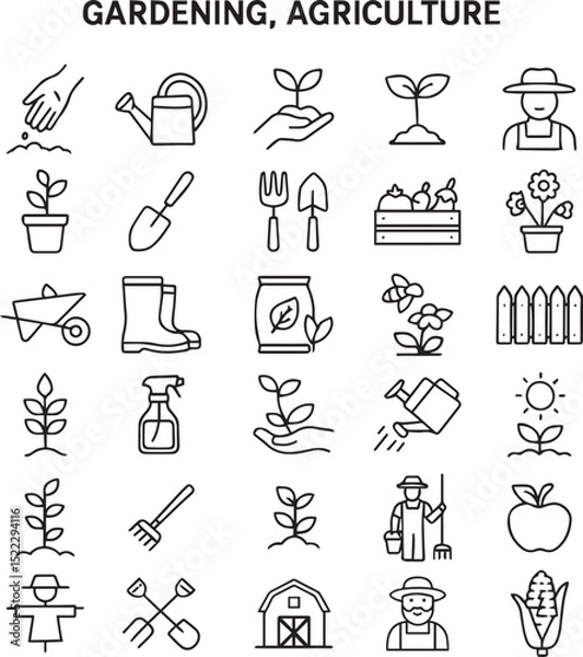 Fototapeta Gardening, Agriculture line icon set. Vector pictograms of grow your own food, watering can, greenhouse, seedling, sprout, farmer, pollination, fertilizer thin linear illustration