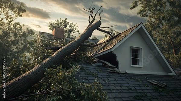 Obraz Large tree fallen on house roof damage