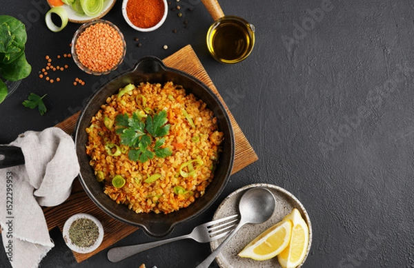 Obraz Vegetarian dish of red lentil leek and carrot in the black pan on black background with ingredients, top view, copy space