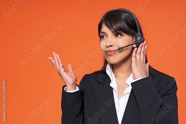 Obraz Professional woman in a headset engaged in a conversation in an office setting during daytime with an orange background