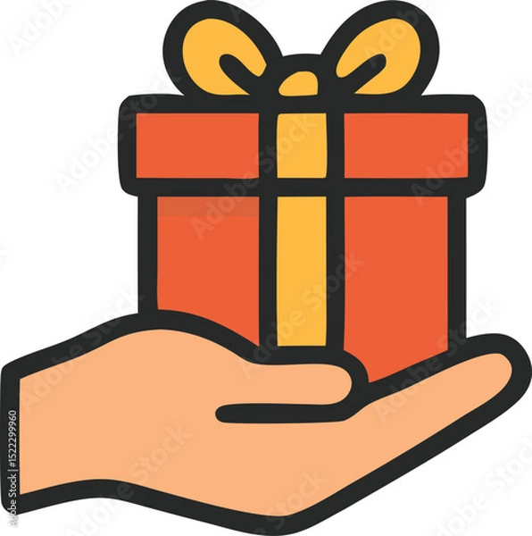 Obraz Hand holding a red gift box with yellow bow and ribbon
