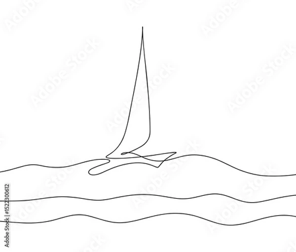 Fototapeta Sailboat, yacht on the waves is drawn in one endless continuous line on a white background, vector illustration. Sea transport, boat, black and white hand drawing. An element for decoration, banner