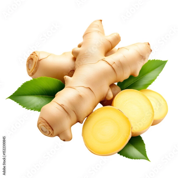 Fototapeta A close up of ginger root with slices and green leaves on a black background studio