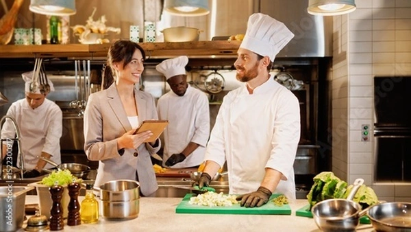 Fototapeta Portrait of attractive professional caucasian chef chopping vegetables and talking with beautiful cute female manager with tablet. Two colleagues discussing work at kitchen of restaurant.
