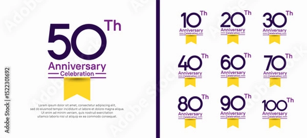 Fototapeta set of anniversary logo style with yellow ribbon. vector design blue color for celebration