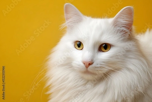 Obraz Portrait of fluffy white cat on yellow background.
