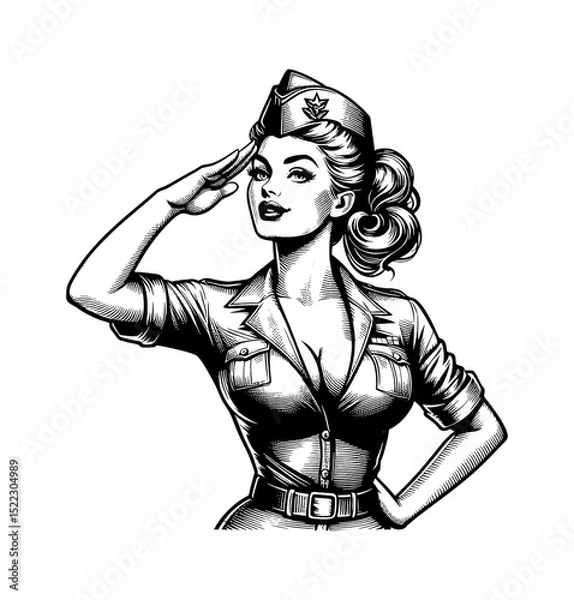 Fototapeta Pinup Woman Saluting in Military Uniform with Confident Expression and Vintage Engrave Style