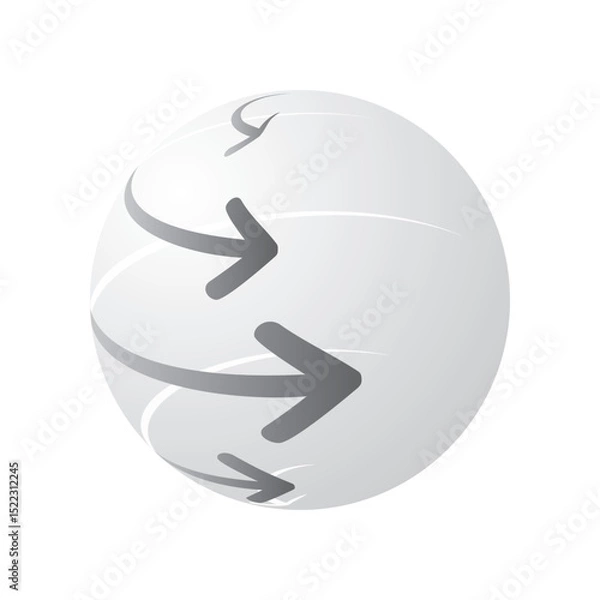 Fototapeta An abstract 3d sphere design with directional arrows sweeping across its surface, symbolizing digital flow, data movement, or global connectivity on a clean white background. Black and white graphics.