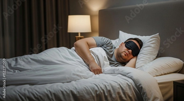 Fototapeta A man wearing a black sleep mask is resting comfortably in his bed. Healthy sleep and good night. Dream concept image.