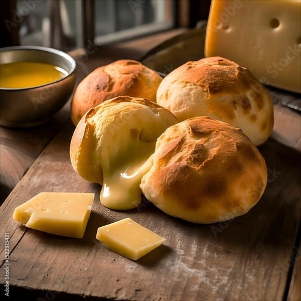 Obraz Warm, freshly baked Brazilian cheese bread (pão de queijo) oozing with melted cheese. A delicious snack or breakfast treat. 