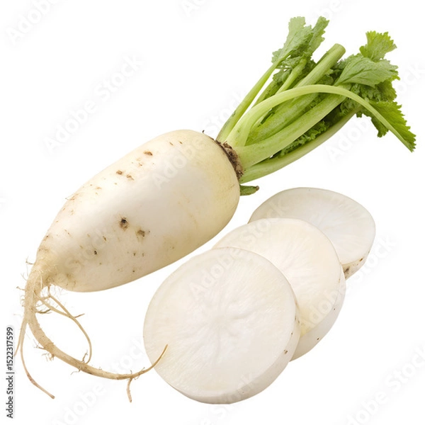 Fototapeta Fresh white Korean radish with slice on the white background, White radish on white PNG File.