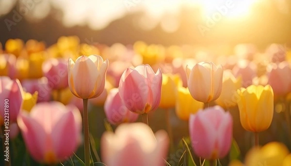 Fototapeta Sunset Tulip Field: A Serene Springtime Scene