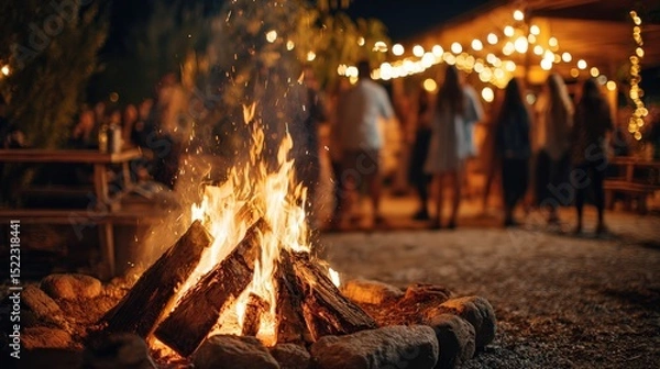 Obraz A cozy outdoor bonfire gathering with people and string lights, creating a warm, festive evening atmosphere.