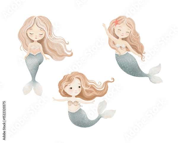 Obraz Set with cute mermaids, watercolor isolated characters with beautiful long hair in different poses swimp. Hand-drawn illustration for your design childish wallpapers, textile or mural for kid room.