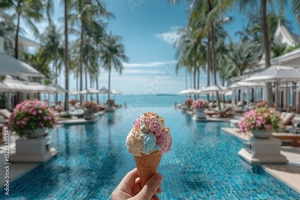 Obraz Colorful ice cream cone held by hand at tropical luxury resort pool