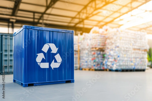 Fototapeta Blue recycling container with recycling symbol standing in a waste sorting plant with large amount of plastic garbage in the background