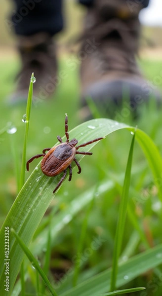 Obraz Macro image of a tick on dew-covered grass blade with blurred hiking boots in background, symbolizing nature danger