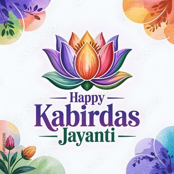 Obraz Happy Kabirdas Jayanti Logo with Watercolor Lotus and Futuristic Typography


