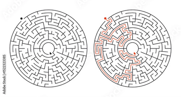 Fototapeta Black and White Circular Maze with Solution – Medium Difficulty Vector Template. Black and white circular maze puzzle with a clear solution path. Medium difficulty labyrinth template. Perfect for educ